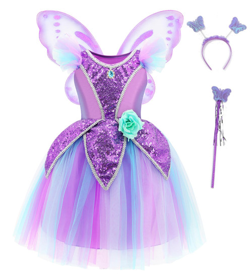 Fairy Costume for Girls Fairy Dress Toddlers Princess Fairy Costume Set with Butterfly Wings Headband Wand Purple