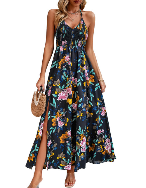 Summer Floral Dress for Women Casual Halter V Neck Sleeveless Floral Long Maxi Dress Backless Loose Ruffle Sundress Black Medium