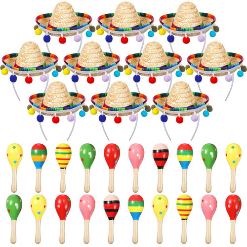 30 Pcs Mini Sombrero Fiesta Hats Wooden Fiesta Maracas Set, with 10 Mexican Sombrero Headbands 20 Pcs 4.3 Inch Wooden Fiesta Maracas Mini Sombrero Hats Straw Mexican Sombrero for Kids Dolls