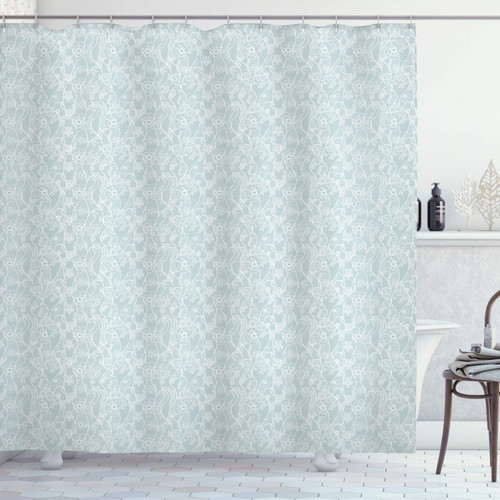 Vintage Shower Curtain, Lace Pattern Backdrop with Floral Composition Victorian Inspirations Wedding, Cloth Fabric Bathroom Decor Set with Hooks, 69" W x 84" L, Seafoam White