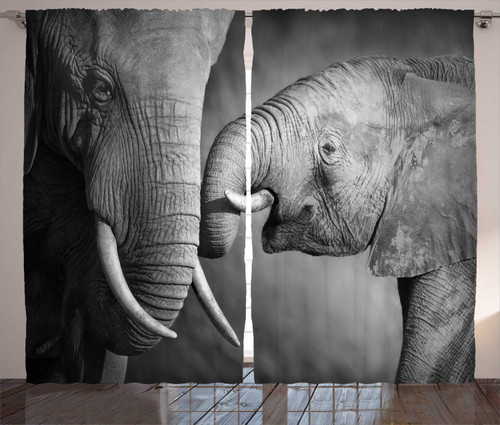 Modern Curtains, Elephants Showing Affection Wildlife Animals Safari Family Art, Living Room Bedroom Window Drapes 2 Panel Set, 108" X 63", Grey Modern Curtains, Elephants Showing Affection Wildlife Animals Safari Family Art, Living Room Bedroom Window Drapes 2 Panel Set, 108" X 63", Grey