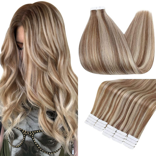 Full Shine Human Hair Tape in Extensions Blonde Highlighted Real Human Hair 14inch Seamless Skin Weft Glue ins Human Hair Extensions Straight 20Pieces 50Grams