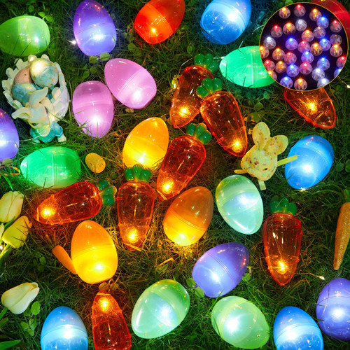 72 Pieces Fillable Easter Glow Eggs Carrots Containers Orange Carrot Shaped Colorful Plastic Eggs for Easter Hunt with 72 Round LED Lights 72 Stickers for Surprise Easter Theme Party Favor