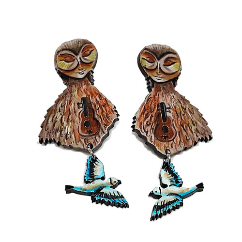 Earrings surrealism bird Remedios Varo handpainted