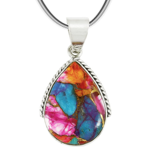 Spiny Oyster Pendant Necklace 925 Sterling Silver 20" Rope Chain (Rainbow Turquoise)