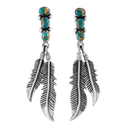 Feather Turquoise Earrings 925 Sterling Silver & Genuine Gemstone (MEDIUM-Matrix Turquoise)