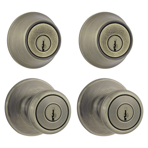 242 Tylo Entry Knob and Single Cylinder Deadbolt Project Pack in Antique Brass