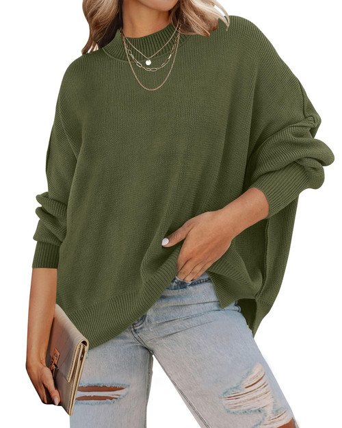 Women's 2024 Fall Casual Long Sleeve Crew Neck Side Slit Oversized Ribbed Knit Pullover Sweater Tops,Olive,Small