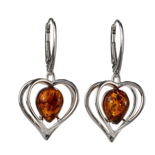 Amber Earrings - Baltic Honey Amber French Leverback Dangling Earrings "Hearts" - Sterling Silver Jewelry Collection