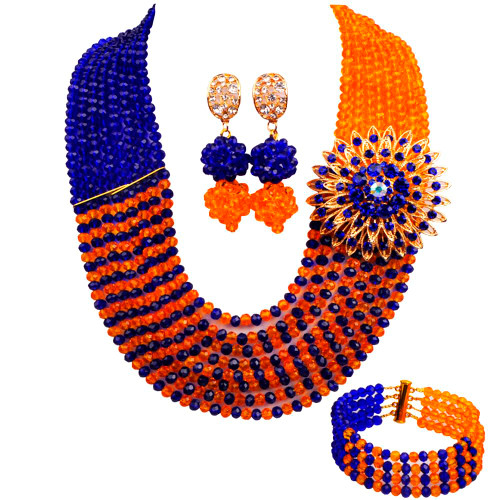 8 Rows African Bead Necklace Jewelry Set for Women Nigerian Wedding Bridal Jewelry Sets (Royal Blue Orange) 8 Rows African Bead Necklace Jewelry Set for Women Nigerian Wedding Bridal Jewelry Sets (Royal Blue Orange)