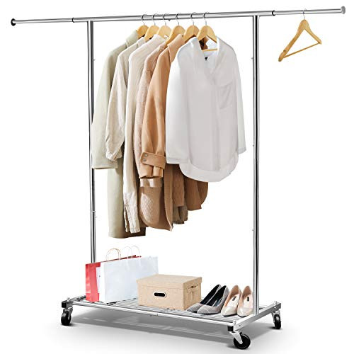 Simple Trending Clothes Garment Rack, Heavy Duty Commercial Grade Clothing Rolling Rack with Mesh Storage Shelf on Wheels and Extendable Hanging Rail, Holds up to 150 lbs, Chrome Simple Trending Clothes Garment Rack, Heavy Duty Commercial Grade Clothing Rolling Rack with Mesh Storage Shelf on Wheels and Extendable Hanging Rail, Holds up to 150 lbs, Chrome