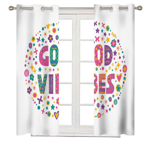 100% Blackout Curtains 63 Inches Long, Word Art Positive Blackout Curtains for Living Room Darkening 55 x 63 Inch