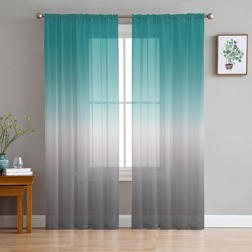 Gradient Turquoise Gray Grey Abstract Art Sheer Curtains 63 Inch Length 2 Panels Set for Living Room/Bedroom, Semi Curtain Sheers Drapes Rod Pocket Curtains Window Treatment Set 52x63x2