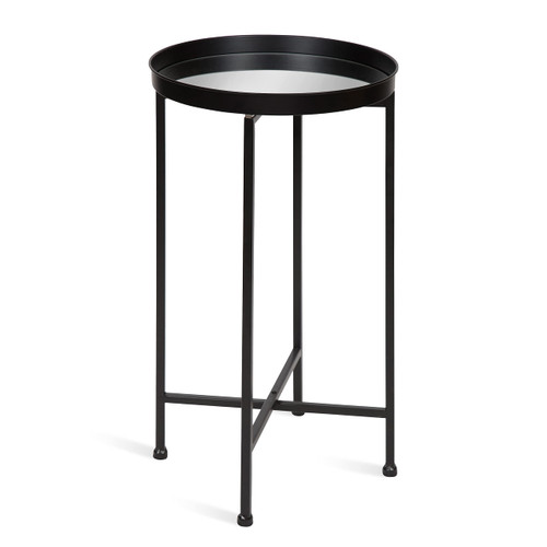 Celia Round Metal Foldable Accent Table with Mirror Tray Top, Black