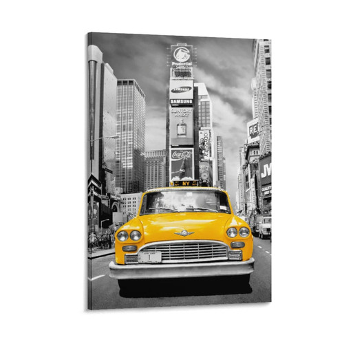 New York City Yellow Taxi No 1 - Times Square Manhattan Photograph Art Print Poster Canvas Wall Art Prints for Wall Decor Room Decor Bedroom Decor Gifts Posters 12x18inch(30x45cm) Frame-style