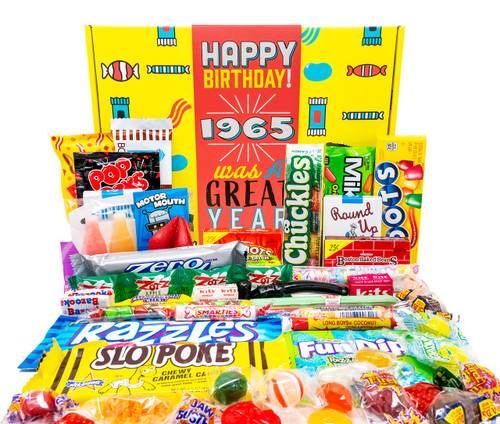 ~ 1965 59th Birthday Gift Box Mix of Nostalgic Retro Candy from Childhood for 59 Year Old Man or Woman Born 1965 ~ 1965 59th Birthday Gift Box Mix of Nostalgic Retro Candy from Childhood for 59 Year Old Man or Woman Born 1965