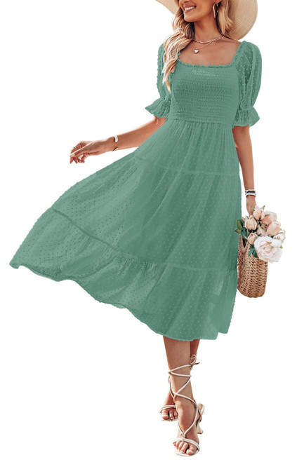 Women's 2024 Summer Square Neck Puff Sleeve Boho Midi Dress Swiss Dot Ruffle Flowy Tie Back Dress,Green,L Women's 2024 Summer Square Neck Puff Sleeve Boho Midi Dress Swiss Dot Ruffle Flowy Tie Back Dress,Green,L