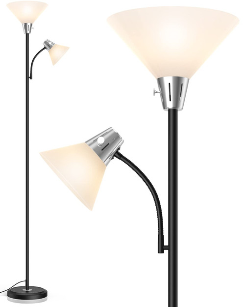 Floor Lamp, Standing Lamp with Replaceable 3000K Energy-Saving LED Bulbs,9W Lamp for Living Room with 5W Adjustable Reading Light, Modern Bright Floor Lamp for Bedroom, Living Room, Office
