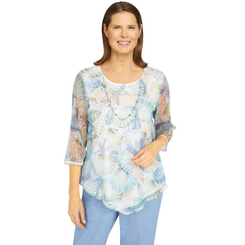 Women's Petite Asymmetric Mesh Seashell Top Size PL Multi