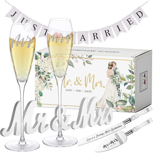 Engraved Mr and Mrs Champagne Flutes with Wooden Sign Set,Toasting Glasses for Bride and Groom,Wedding Cake Knife and Server Set with Just Married Banner for Reception and Ceremony