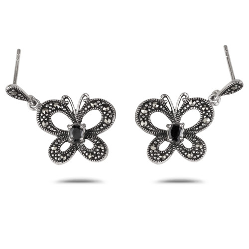 925 Solid Sterling Silver Marcasite Open Butterfly with 4x3mm Black Cubic Zirconia Stud Earring