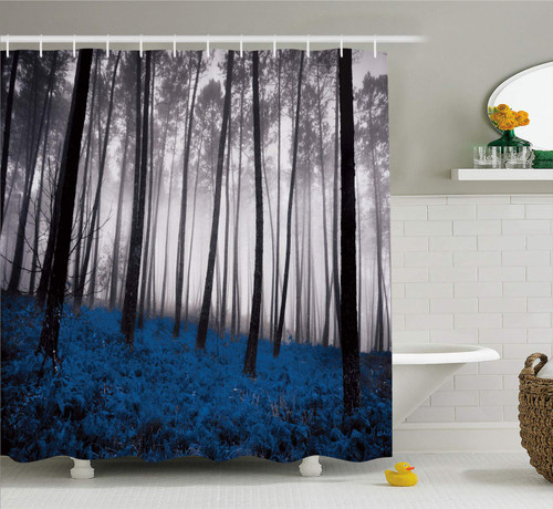 Forest Shower Curtain, Mystical Fantasy Woodland Under Heavy Fog Tall Trees Bushes Contrast Colors, Cloth Fabric Bathroom Decor Set with Hooks, 69" W x 84" L, Blue Black