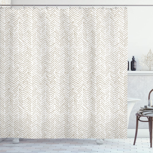 Chevron Shower Curtain, Hand Drawn Monochrome Herringbone Lines Composition of Abstract Zigzags, Cloth Fabric Bathroom Decor Set with Hooks, 69" W x 84" L, Beige and White