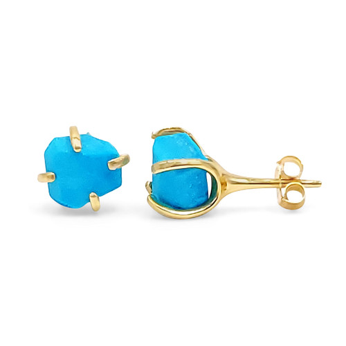Natural raw turquoise stud earrings with yellow gold over 925 sterling silver, 6 to 8mm rough genuine December birthstone gift for her, (turquoise)