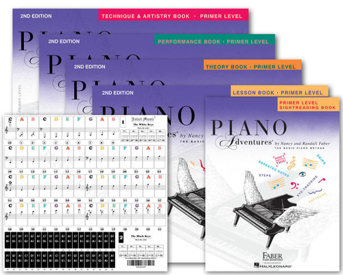Piano Adventures Primer Level Bundle Set 5 books By Nancy Faber - Lesson, Theory, Performance, Sightreading, Technique & Artistry Books & Piano key Stickers (P)