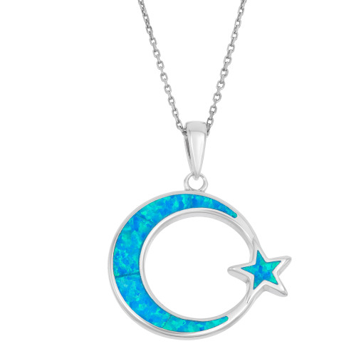 Sterling Silver Created Blue Opal Moon & Star Pendant with 18" Chain