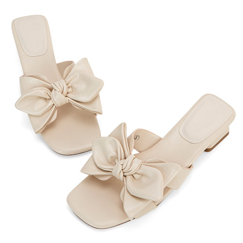 Womens Bow Dressy Low Heel Sandals Slides Summer Chunky Block Heeled Open Toe Mules Slip on Slippers Shoes Beige