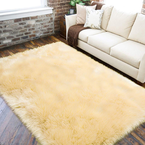 Soft Fluffy Light Yellow Faux Fur Rugs for Bedroom Bedside Rug 3x5 Feet, Washable, Furry Sheepskin Area Rug for Living Room Girls Room, Luxury Shag Carpet Home Decor