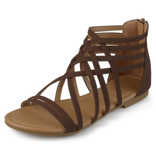 Womens Hanni Flat Gladiator Sandal Caged Multi-Strap Design Medium and Wide Width, Brown, 6