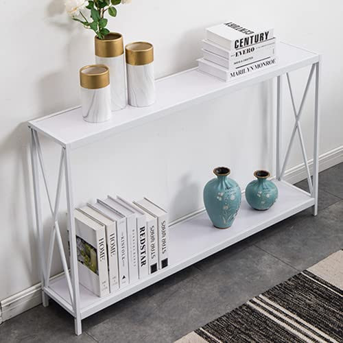 Rustic Entryway Console Table, 2-Tier Narrow Console Table with Storage, Long Sofa Table Behind Couch for Living Room, Wooden Farmhouse Hallway Foyer Tables for Entryway, Corridor, Office, White