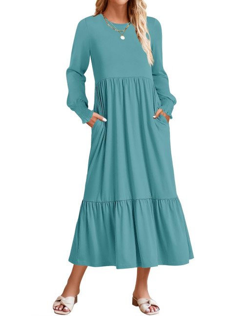Women's 2024 Long Sleeve Dress Crewneck Casual Loose Pleated Tiered Swing Maxi Dresses with Pockets,Sage,Small