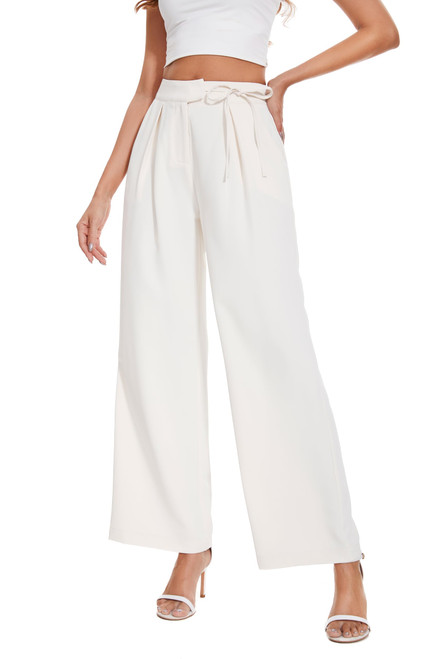 Women's Wide Leg Long Trousers with Tie Belt for Women Pleated Front High Waisted Pants Beige Women's Wide Leg Long Trousers with Tie Belt for Women Pleated Front High Waisted Pants Beige