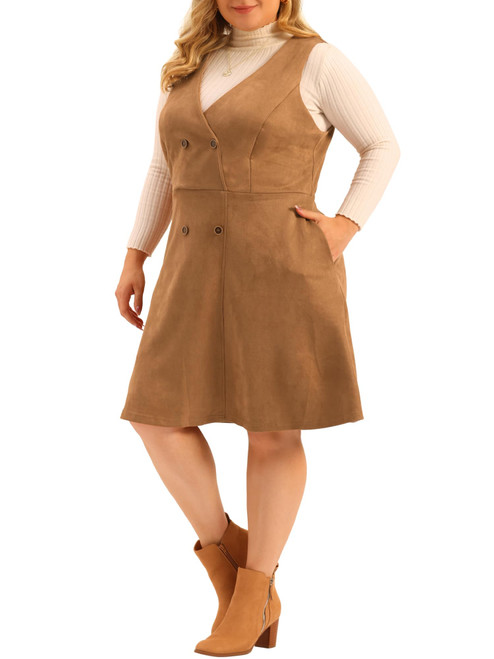Plus Size Overall Dress for Women Button Casual Faux Suede Dress 2X Brown