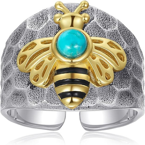 Turquoise Gold Bee Rings 925 Sterling Silver Ring Hammered Womens Adjustable Rings with 4mm Turquoise Womens Turquoise Hammered Statement Rings Fit Women Size 6-9 Turquoise Gold Bee Rings 925 Sterling Silver Ring Hammered Womens Adjustable Rings with 4mm Turquoise Womens Turquoise Hammered Statement Rings Fit Women Size 6-9