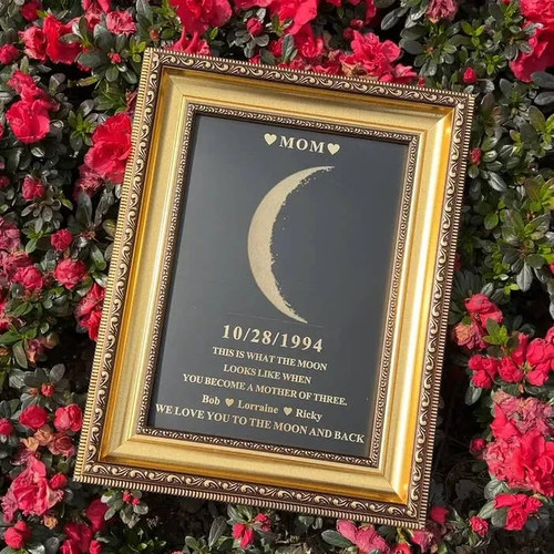 Personalized Birthday Moon Art for Mom Gifts Moon Phase Canvas Frame Wood Lunar Print Art Frame Custom Birthday Moon Phases Photo Frame the Night We Met Gift for Mother's Day (GP, A2)