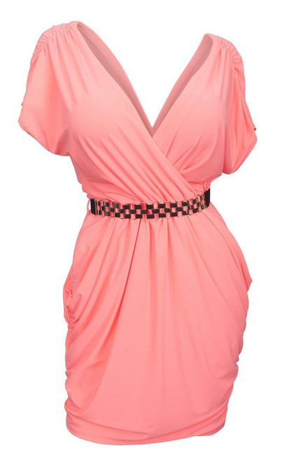 eVogues Plus Size Deep V-Neck Wrap Bodice Dress (3X, Coral)