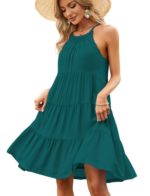 Women's Summer Sleeveless Halter Mini Dress Ruffle Tiered Flowy Swing Beach Dresses Sundress Teal M