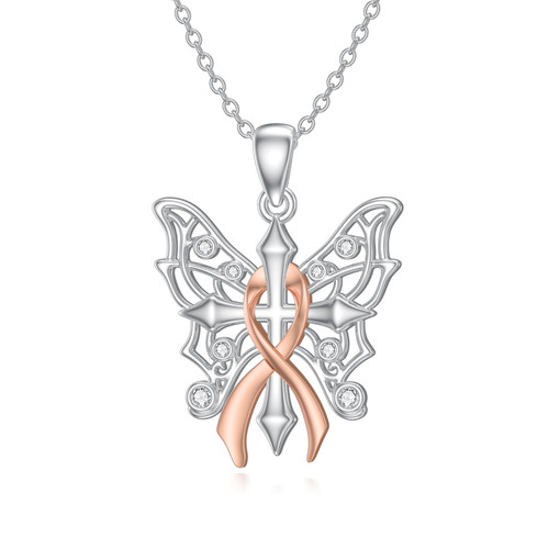 Breast Cancer Necklace 925 Sterling Silver Pink Ribbon Butterfly Cross Necklace Breast Cancer Awareness Patient Survivor Jewelry Gifts for Women Breast Cancer Necklace 925 Sterling Silver Pink Ribbon Butterfly Cross Necklace Breast Cancer Awareness Patient Survivor Jewelry Gifts for Women