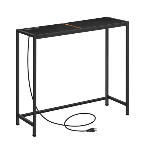 Console Table with Power Outlets, Behind Couch Table for Living Room, 33.9" x 11.8" Skinny Sofa Table with Metal Frame, Narrow Entryway Table for Hallway, Foyer, Corridor, Black