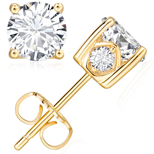 14K Gold Stud Earrings with Round Brilliant Cut Cubic Zirconia Earrings Studs 14K Gold Diamond Earrings for Women, Gold Earrings with 14k Gold Butterfly Push Backings, 6mm