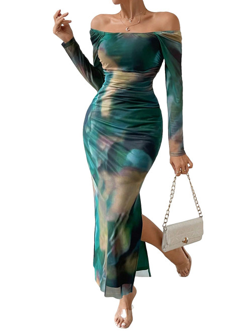Women's Elegant Long Sleeve Dress Tie Dye Off Shoulder Ruched Split Thigh Long Dress Green Large Women's Elegant Long Sleeve Dress Tie Dye Off Shoulder Ruched Split Thigh Long Dress Green Large