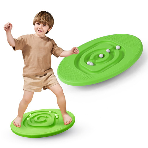 Wobble Balance Board Kids Rocker Board with 5 Balls, Kids Balance Board, Anti-Slip Surface Stability Core Strength, Wobble Balance Board for Yoga and Physical Therapy Exercise Green