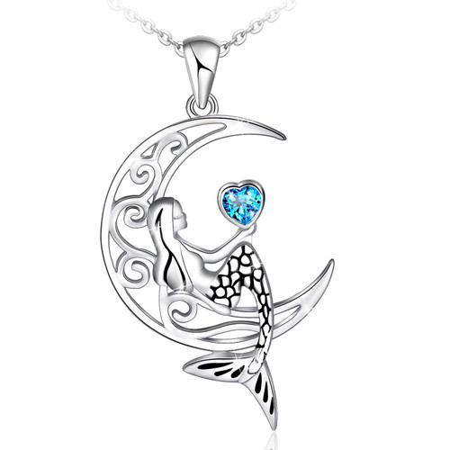 925 Sterling Silver Classic Sea Mermaid Crescent Moon Necklace Pendant Valentine's Gifts Jewelry for Girls Women Daughter