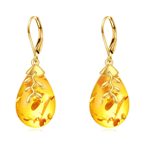 Teardrop Amber Leverbck Earrings for Women 925 Sterling Silver Leaf Earrings Dangle Amber Jewelry Gifts for Her