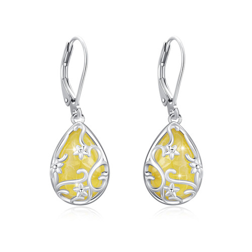 Amber Earrings for Women 925 Sterling Silver Flower Dangle Earring Amber Leverback Earrings Flower Drop Earrings Amber Jewelry Gifts for Girlfriend Wife Ladies
