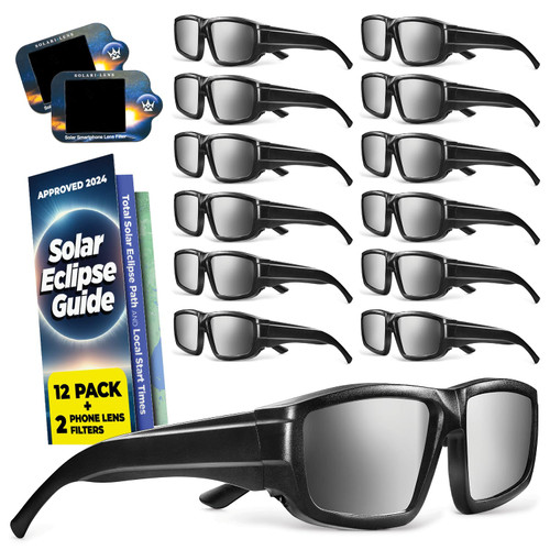 Solar Eclipse Glasses Approved 2024 (12 Pack) CE and ISO Certified Solar Eclipse Observation Glasses Safe Shades for Direct Sun Viewing Bonus Smartphone Photo Filter Lens
